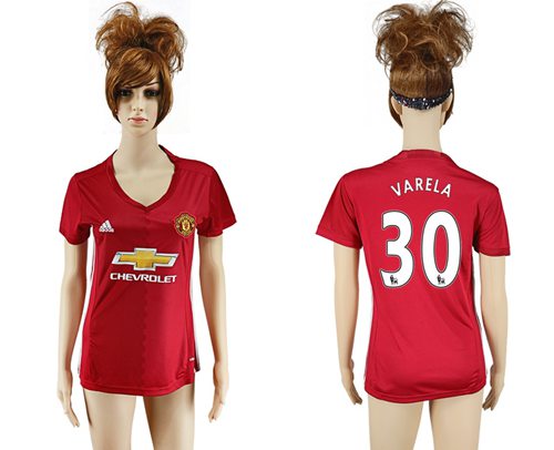Women's Manchester United #30 Varela Red Home Soccer Club Jersey